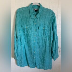 Lands End Women's Linen Button Up Long Sleeve  Teal Shirt Size 1X